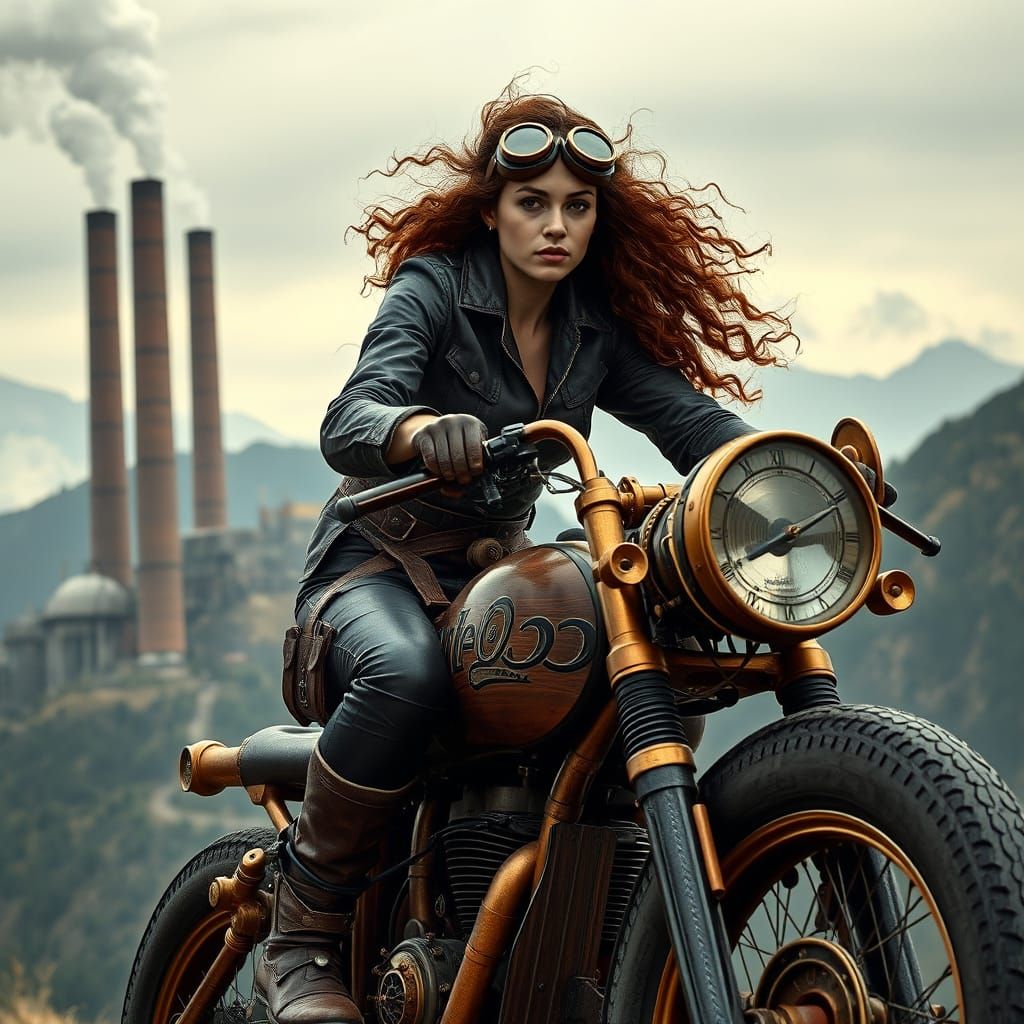 A Woman Conquers Industrial Wonders on Her Elegant Steambike