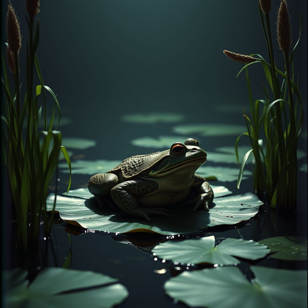 Giant Toad on Lily Pad at Night