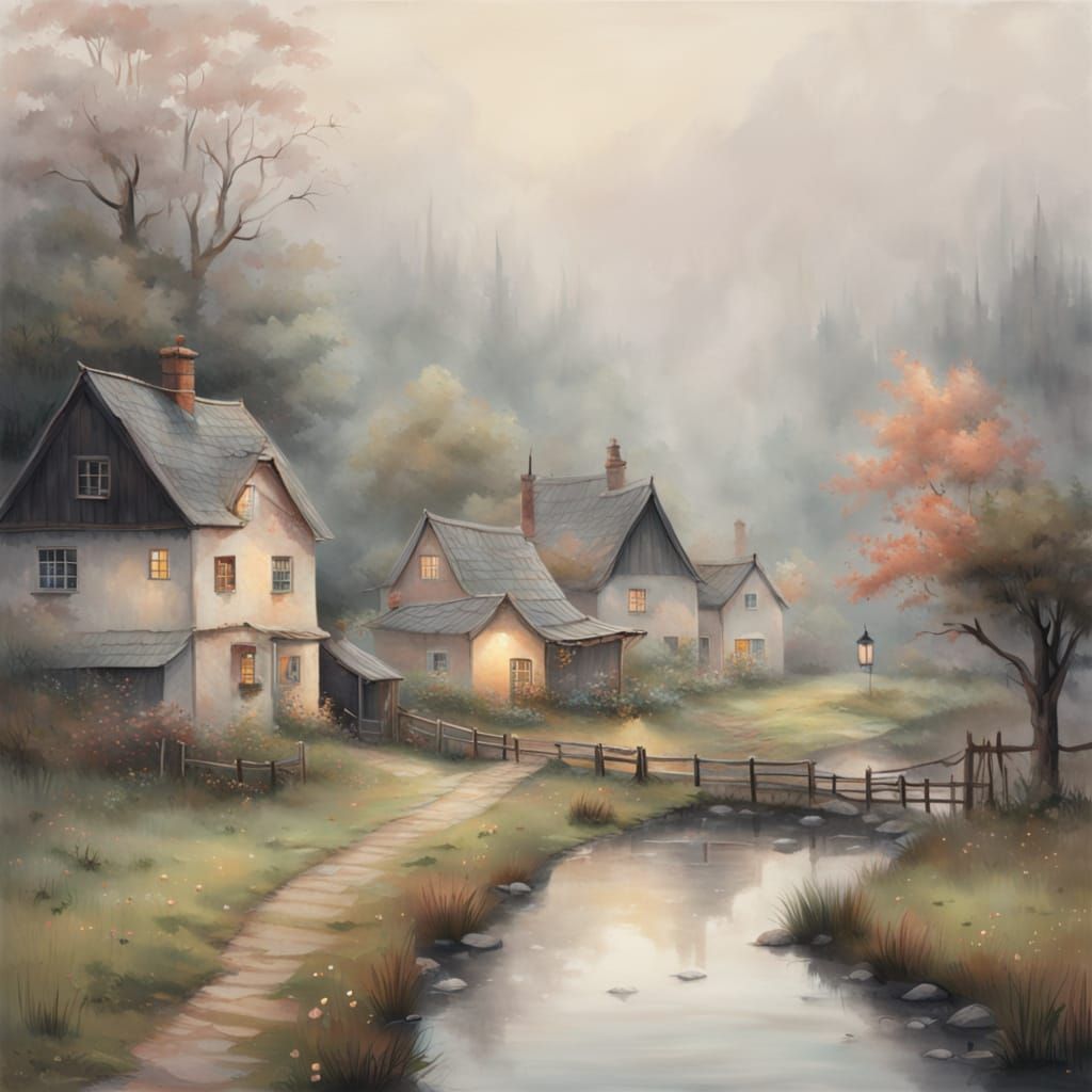 Whimsical Foggy Village in Pastel Hues