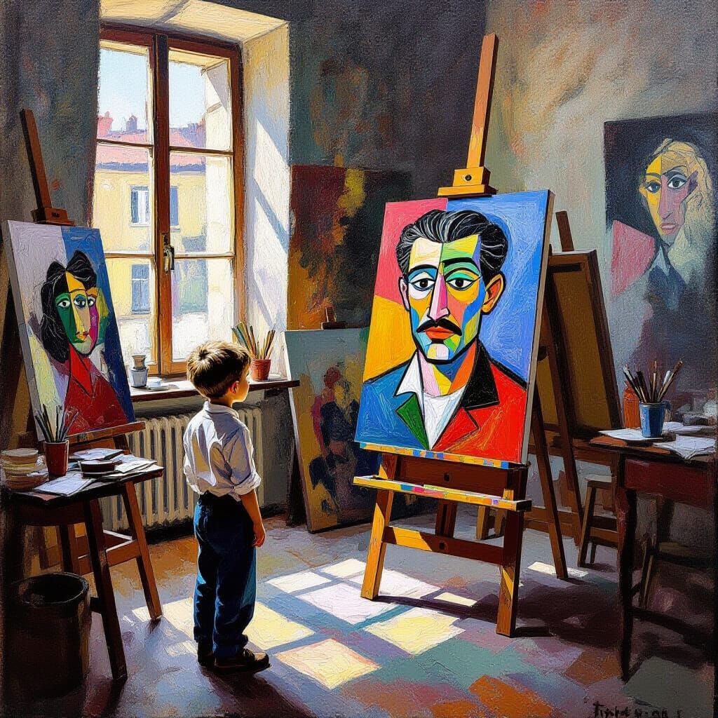 Picasso and Boy in Cluttered Studio, Cubist Portrait