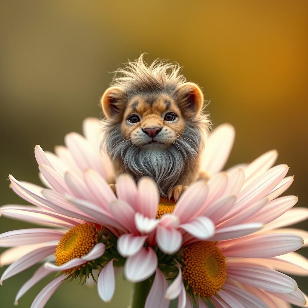 Whimsical Gnome-Lion Creature on Chamomile Flower