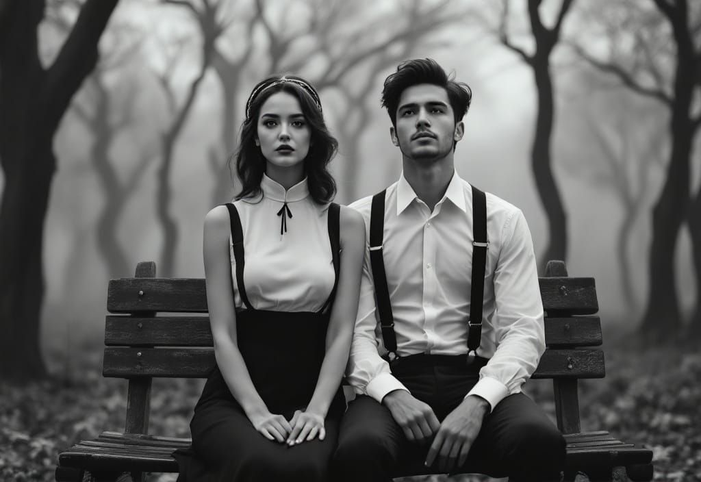 Introspective Couple in Misty Grayscale Forest