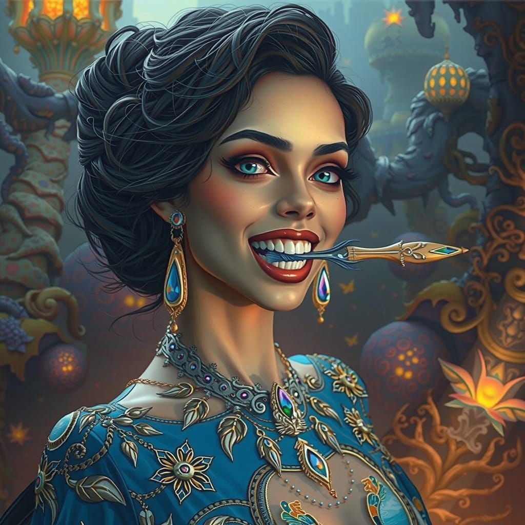 Woman Holding Brush in Mysterious, Ancient Woodland