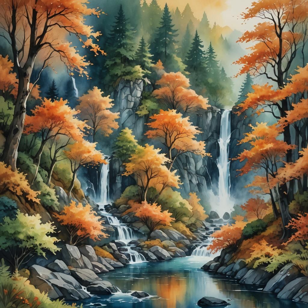 Fantasy Landscape with Waterfall in Watercolor Style