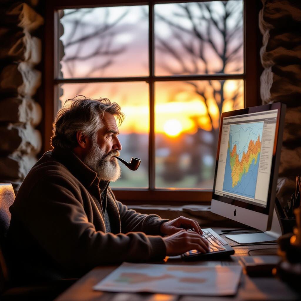 Italian Geologist Studies Maps at Sunset