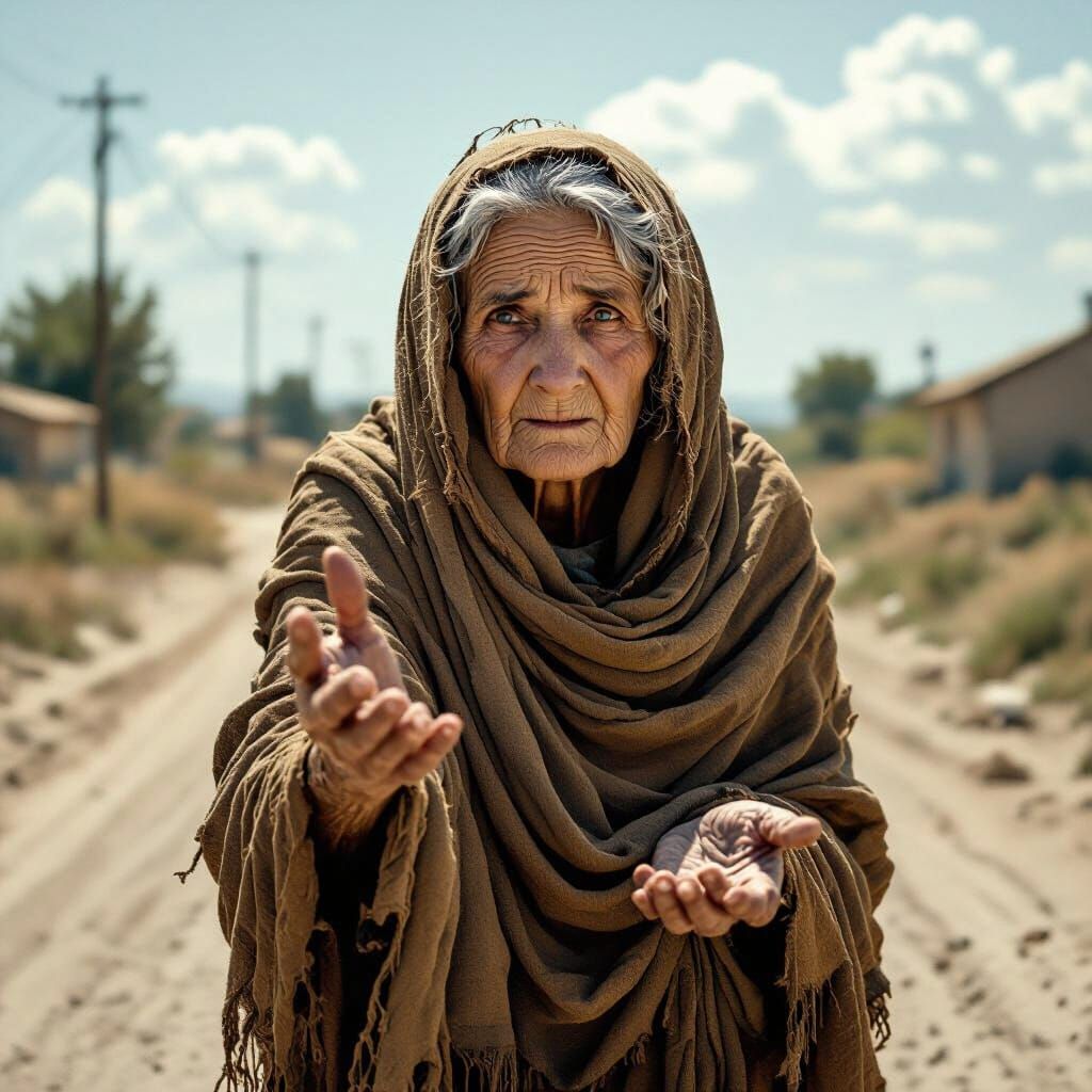 Desolate Old Woman Begging on Dusty Road
