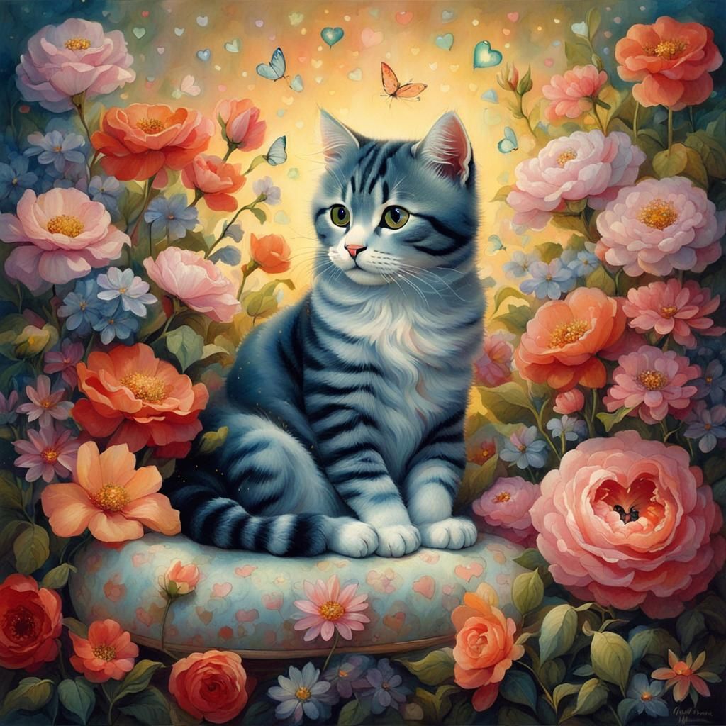 Cat Surrounded by Flowers: Surrealist Art