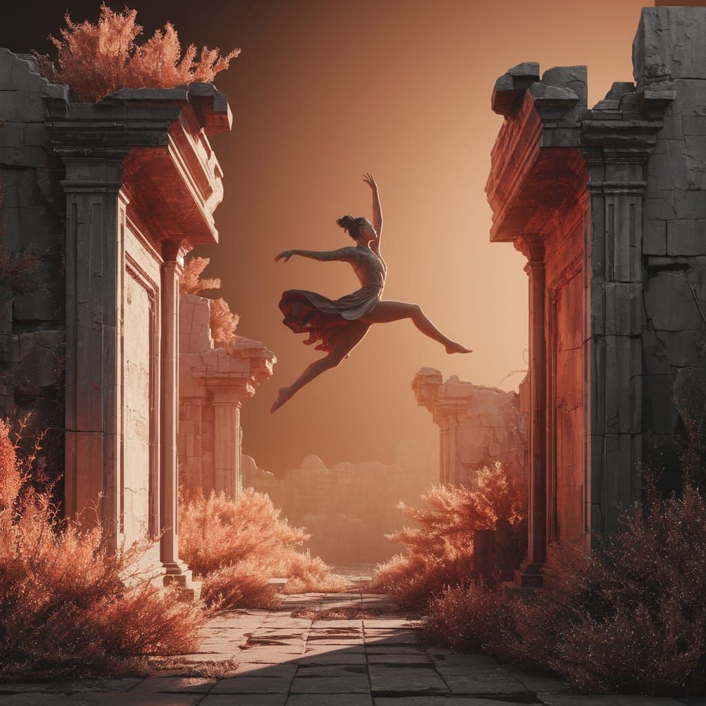 Fleeting Passage: Figure Leaping Between Ancient Ruins
