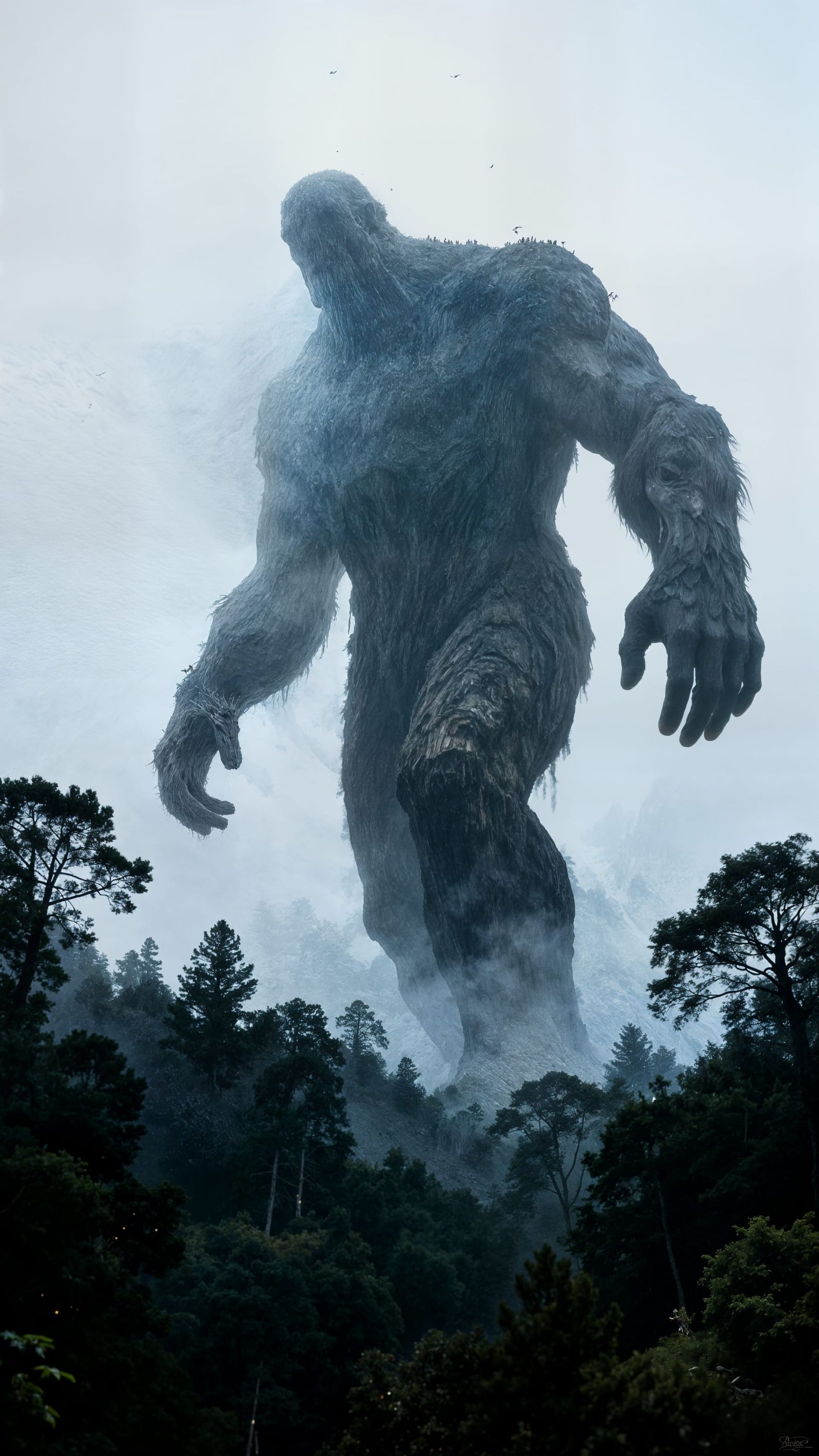 Towering Giant in Foggy Landscape Photography