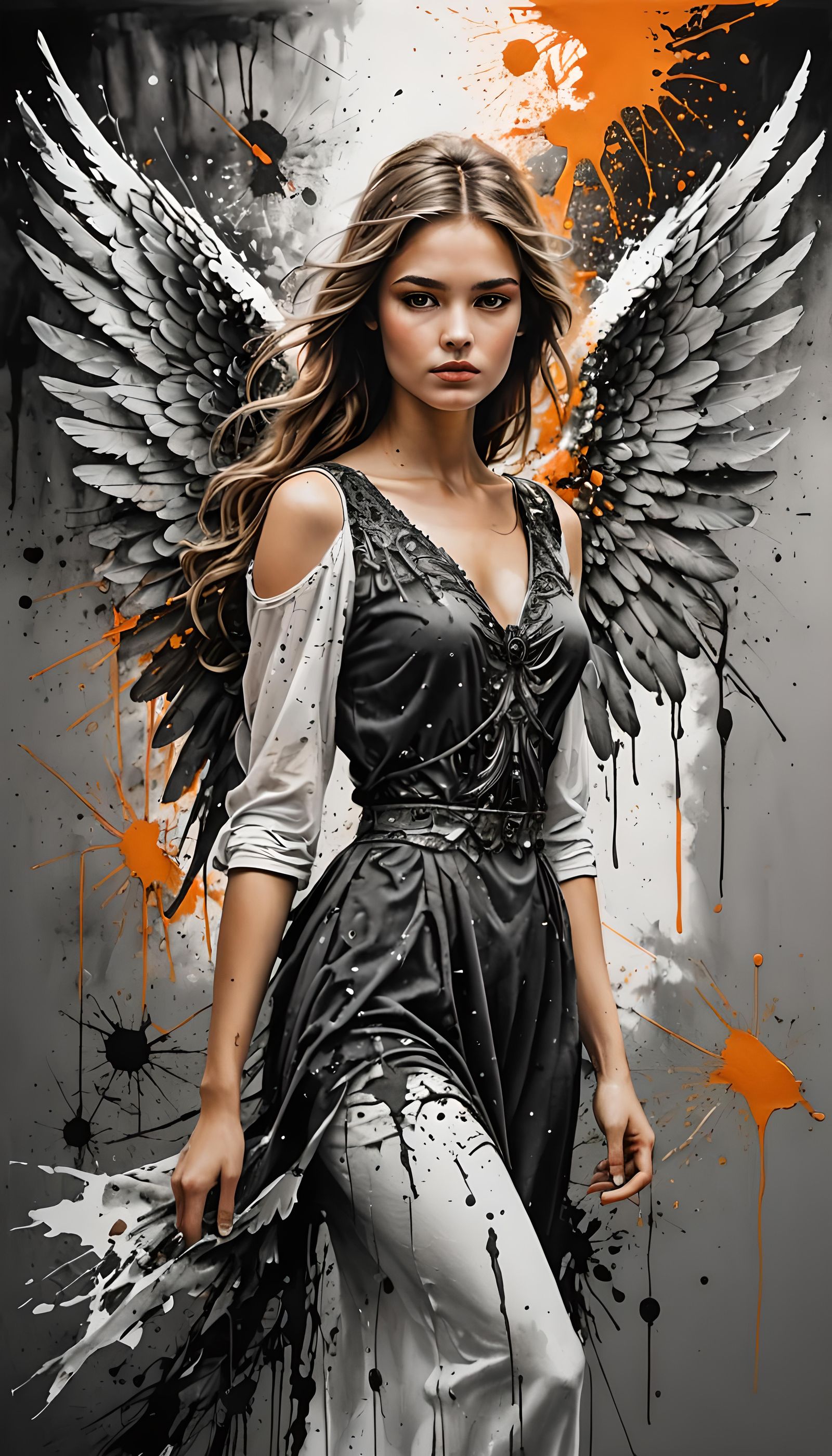 Elegant Charcoal Sketch of Young Woman with Angel Wings