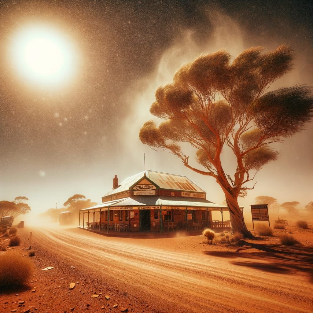 Outback Pub in Summer Heat with Gum Tree