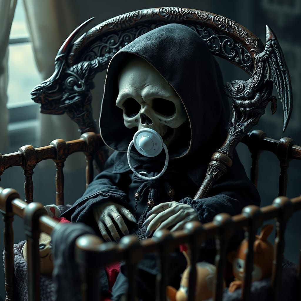 Whimsical Baby Grim Reaper in Playpen