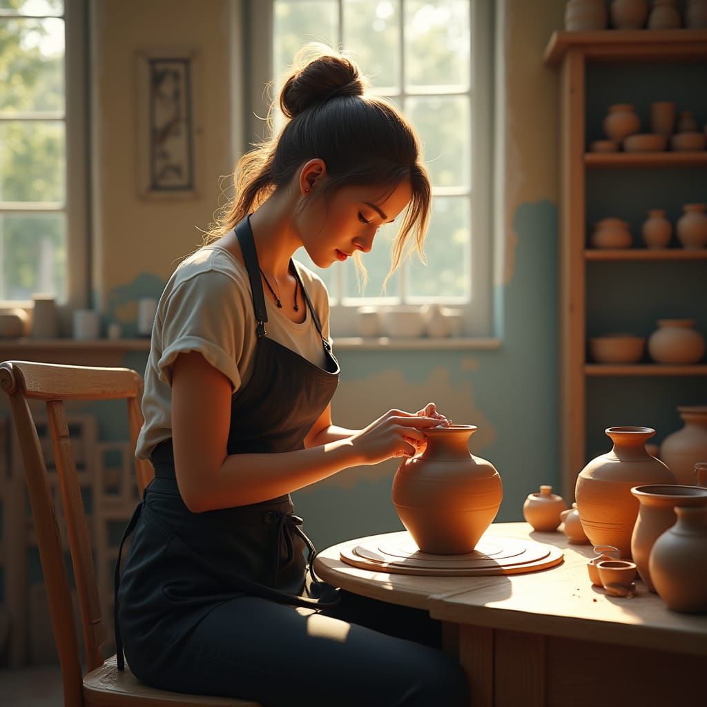 Female Potter Shaping Clay in Sunlit Studio as Matte Paintin...