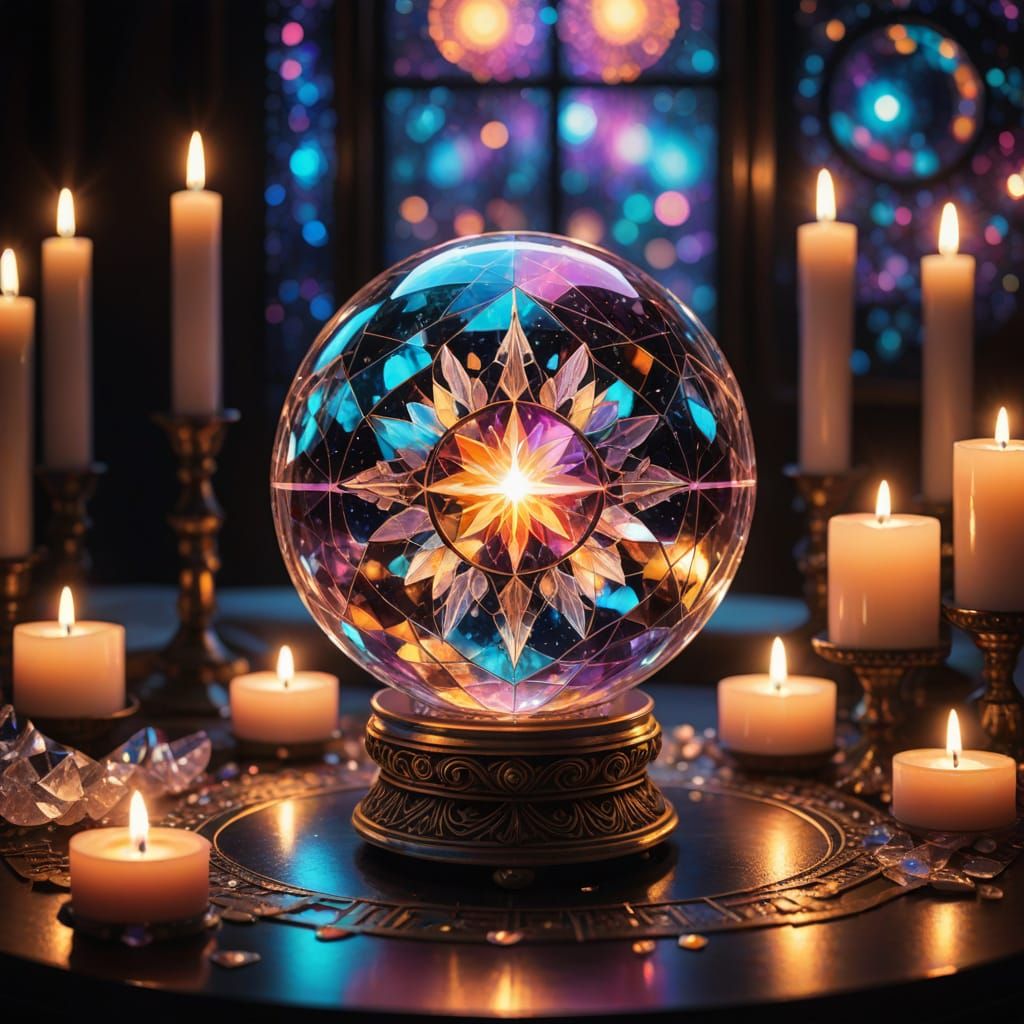 Ethereal Crystal Orb in Vibrant Holographic Cosmic Scene