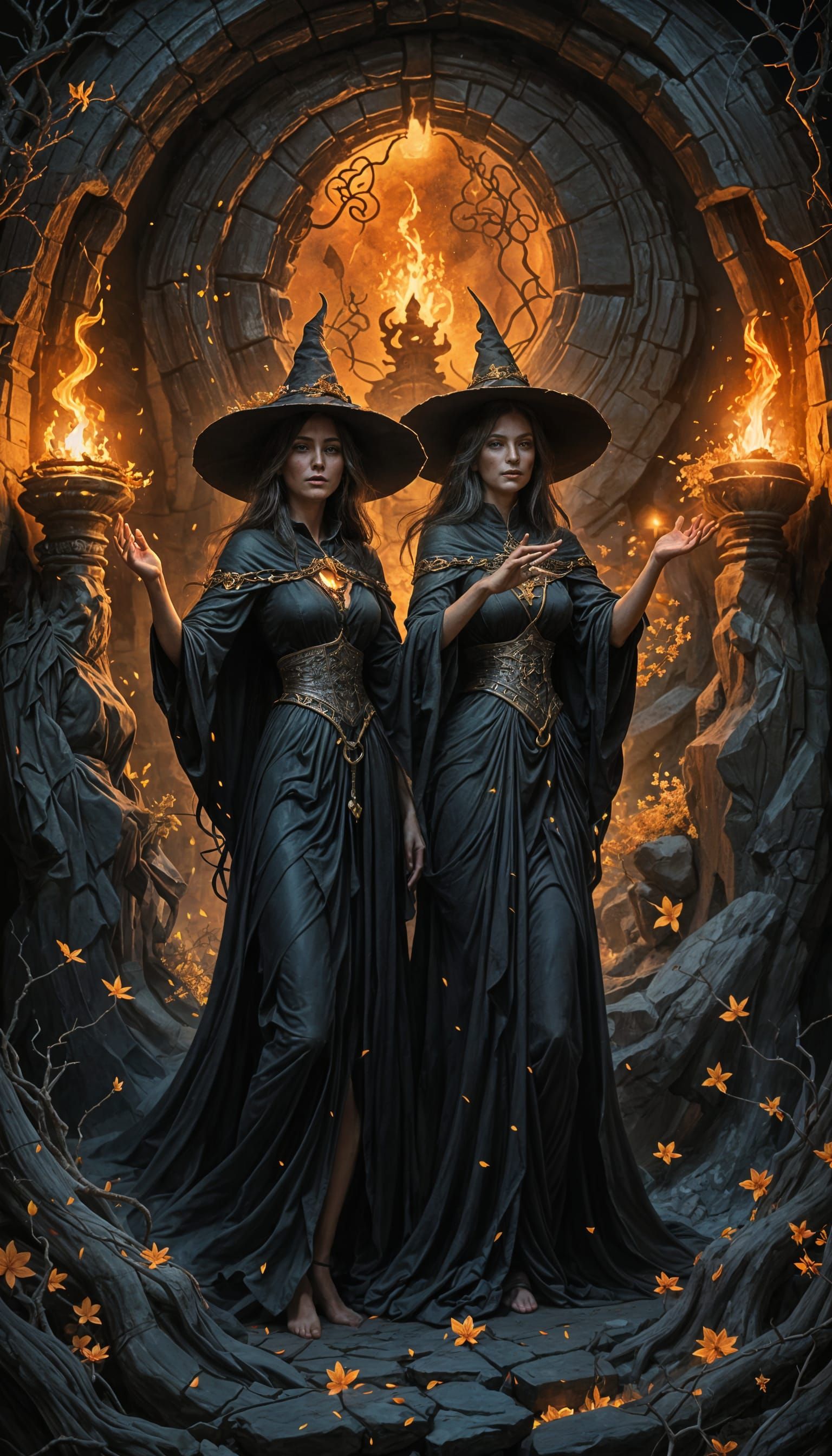 Dark Fantasy Witches in Ancient Chamber