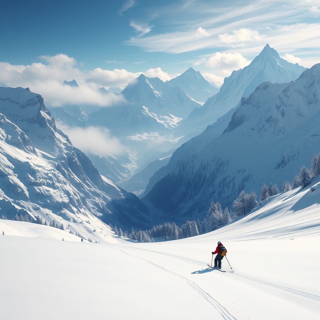 Ethereal Skier Descends Snowy Peak in Majestic Winter Wonder...