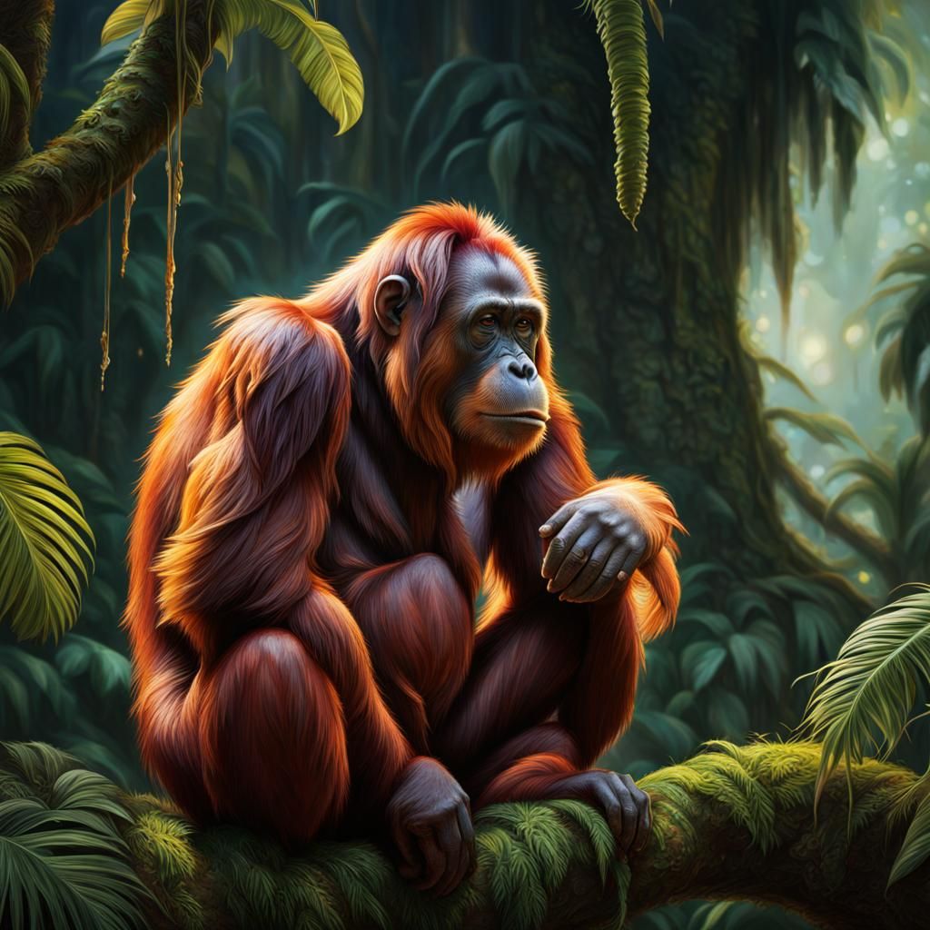 Detailed Portrait of a Sad Orangutan as Splash Art