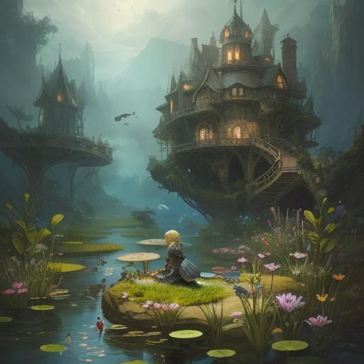 Fantastical Turtle Yodeling in Pond: Detailed Matte Painting