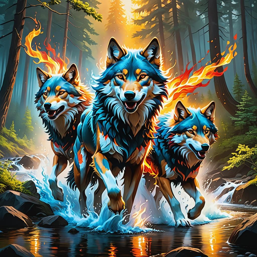 Elemental Wolves of Fire and Water in Misty Forest
