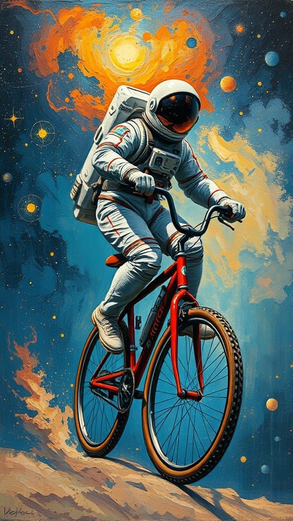 Astronaut Rides Unicycle Through Cosmic Nebula in Impasto St...