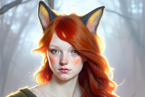 Redhead girl with Fox ears Unveiled in the buff woodland Leafless defenceless in the all together woodland head and shou...