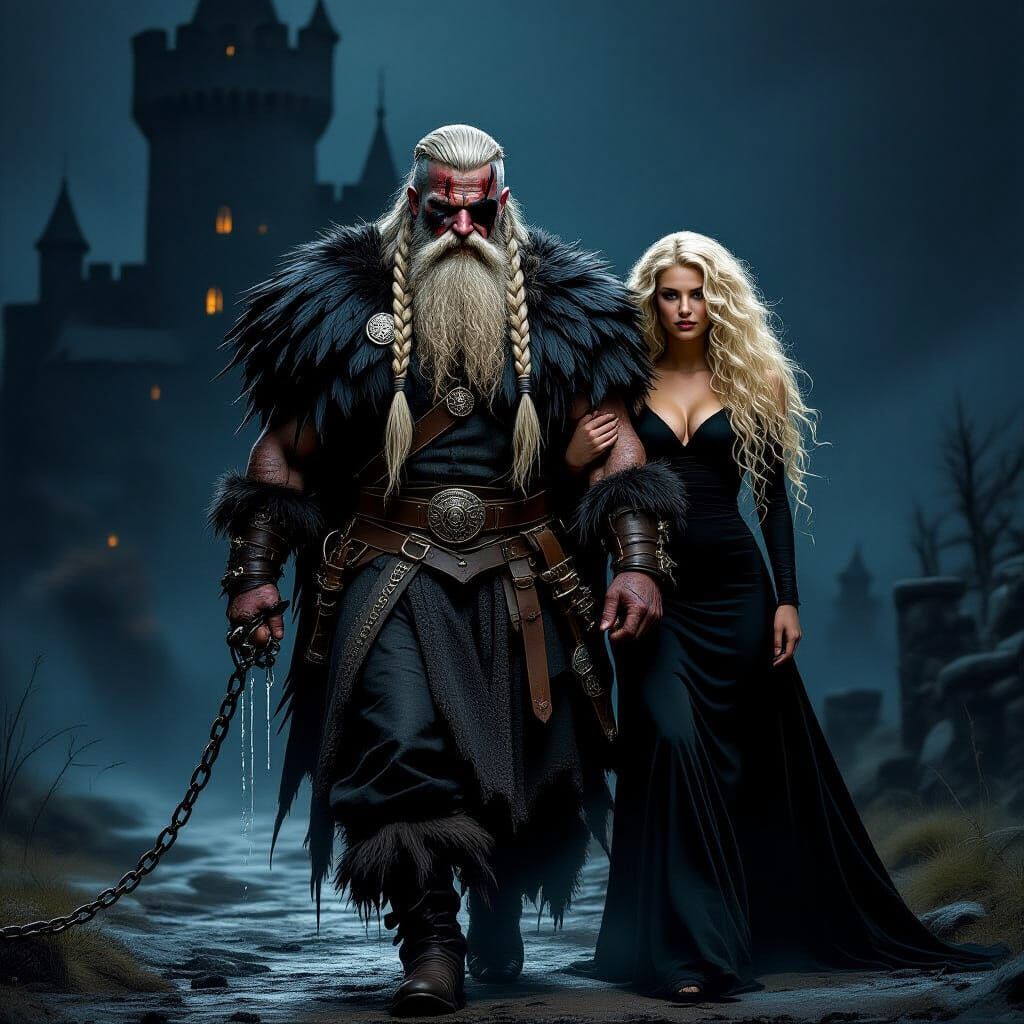 Viking Leader Emerges from Castle in Dark Fantasy Style