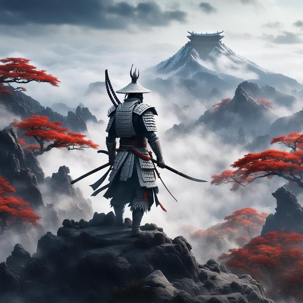 Fog Samurai Warrior on Mountain, Detailed Digital Art