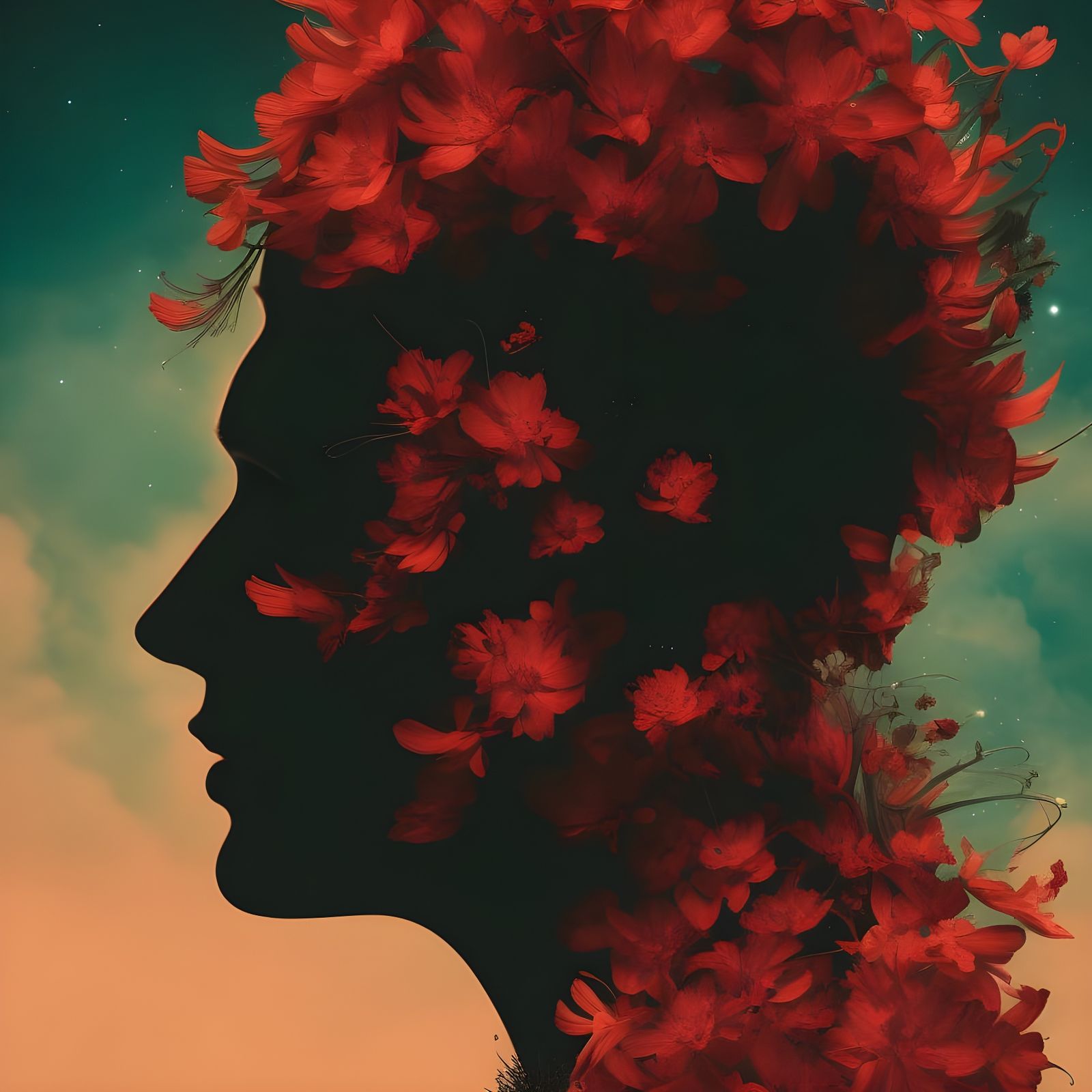 Cosmic Lycoris Flower in Double Exposure Collage