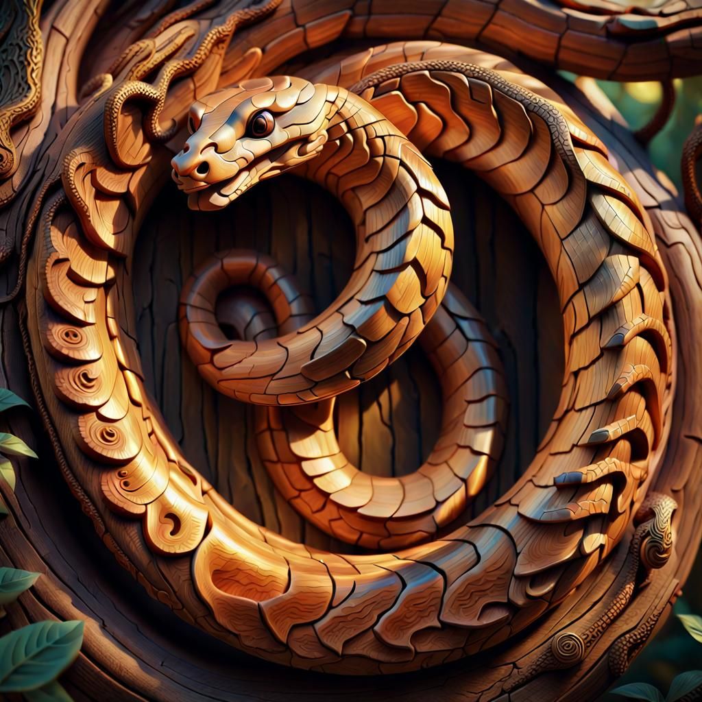 Wooden Serpent Coiled on Gnarled Branch