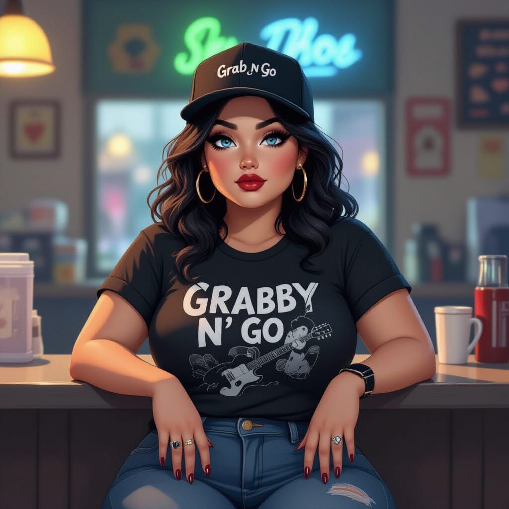 Voluptuous Woman in Rock T-Shirt: Moody, Vibrant Art