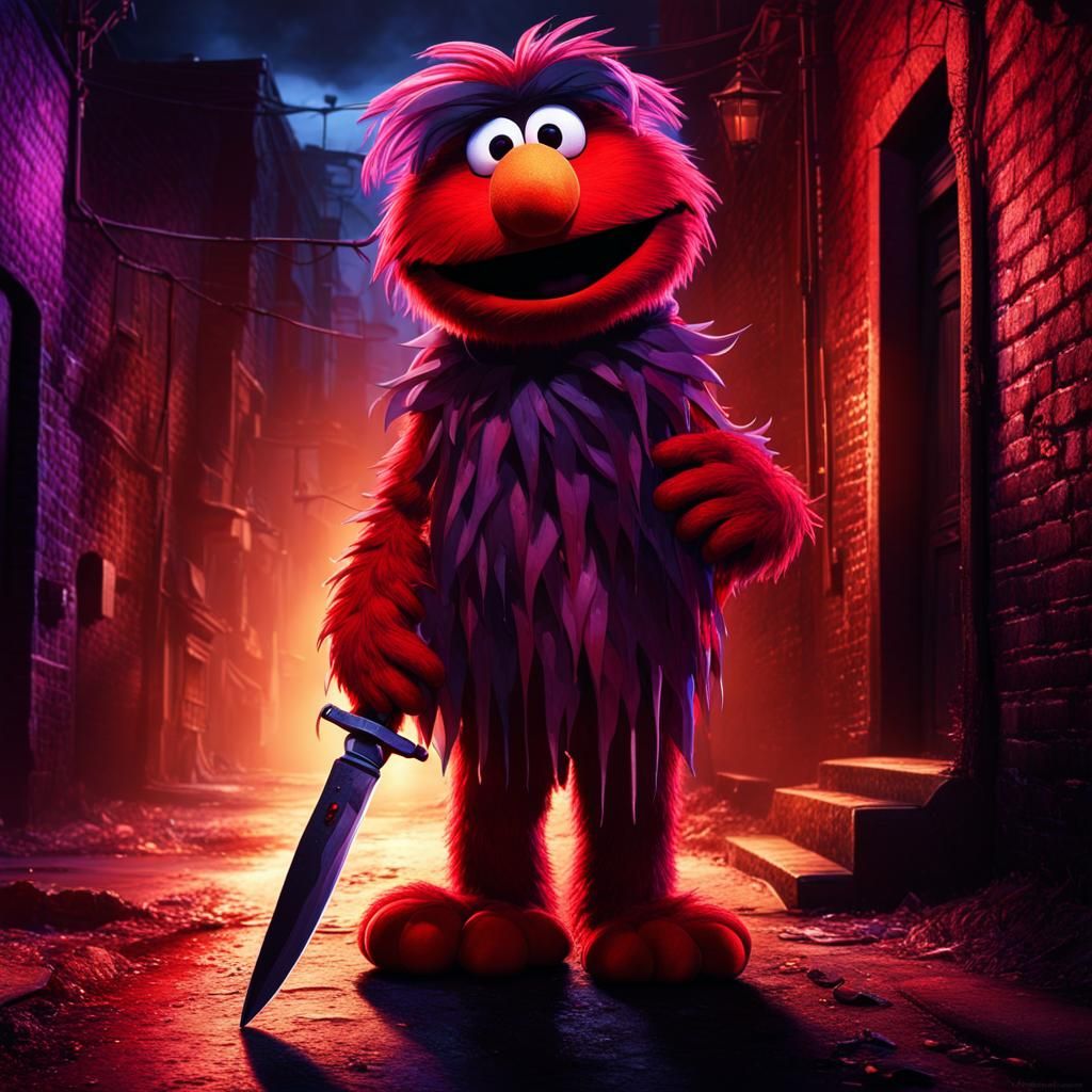 Sinister Elmo with Bloody Knife in Dark Alley
