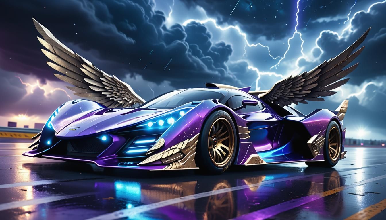 Winged Racing Car Soaring Through Stormy Starry Sky