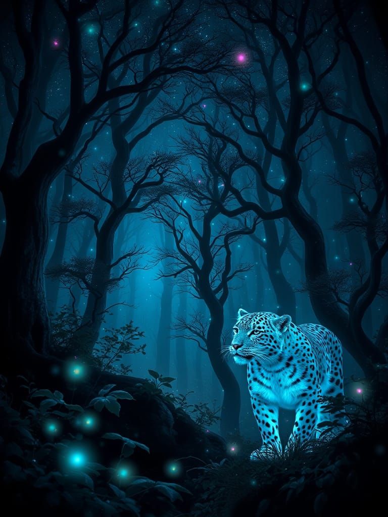 Mystical Midnight Forest with Glowing Snow Leopards