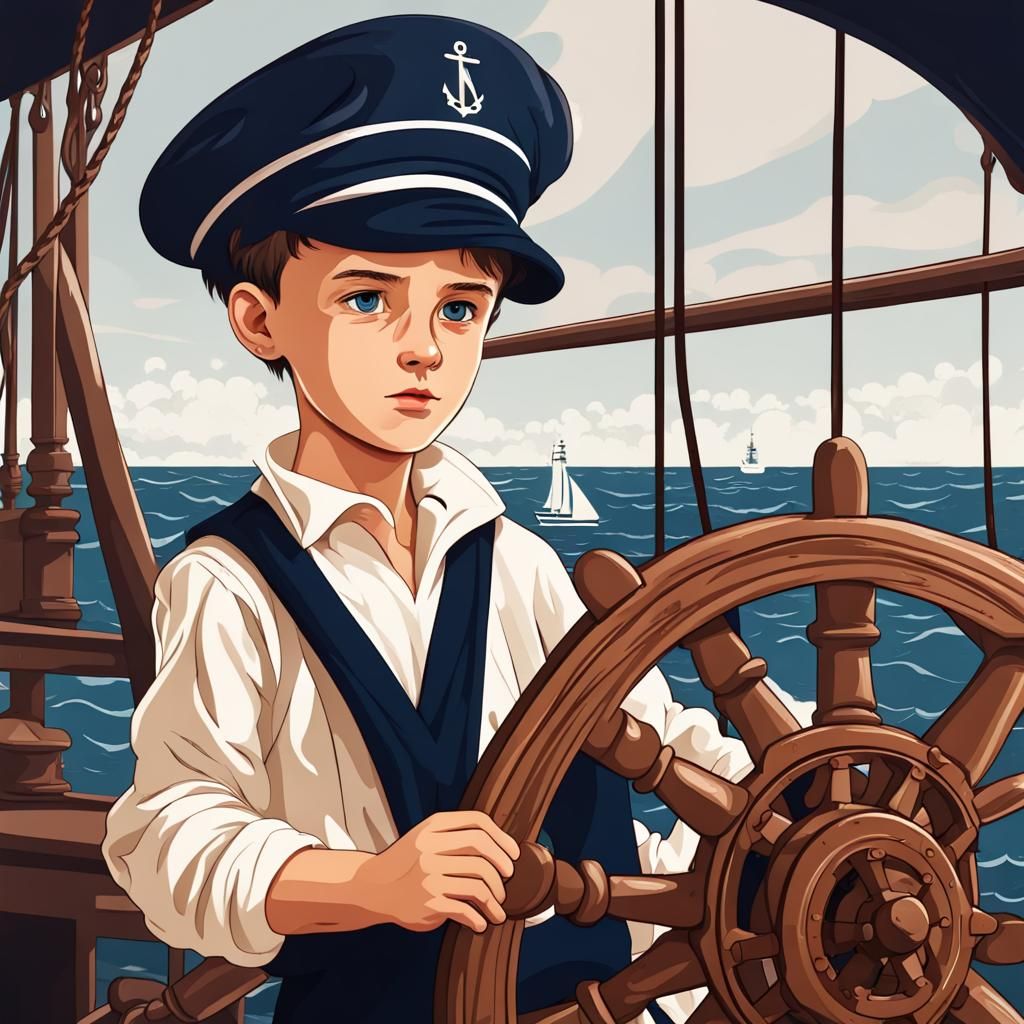 Boy Sailor at the Helm During Storm