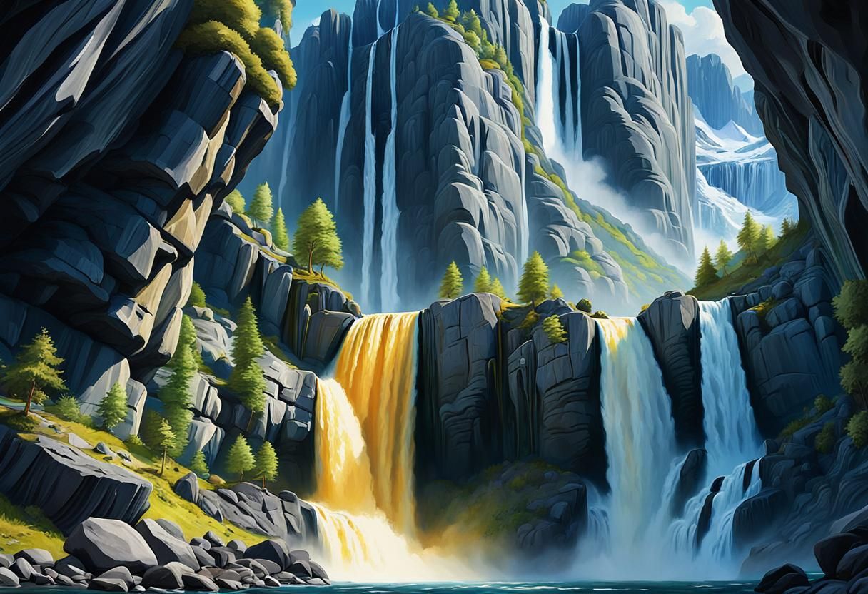 Majestic Waterfall in Norway: Impressionist Gouache Painting