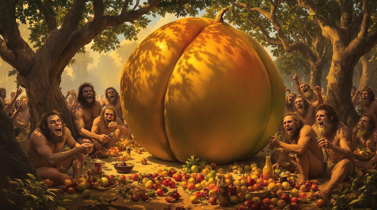 Jovial Neanderthals Feast on Fermented Fruit in Oil Painting...