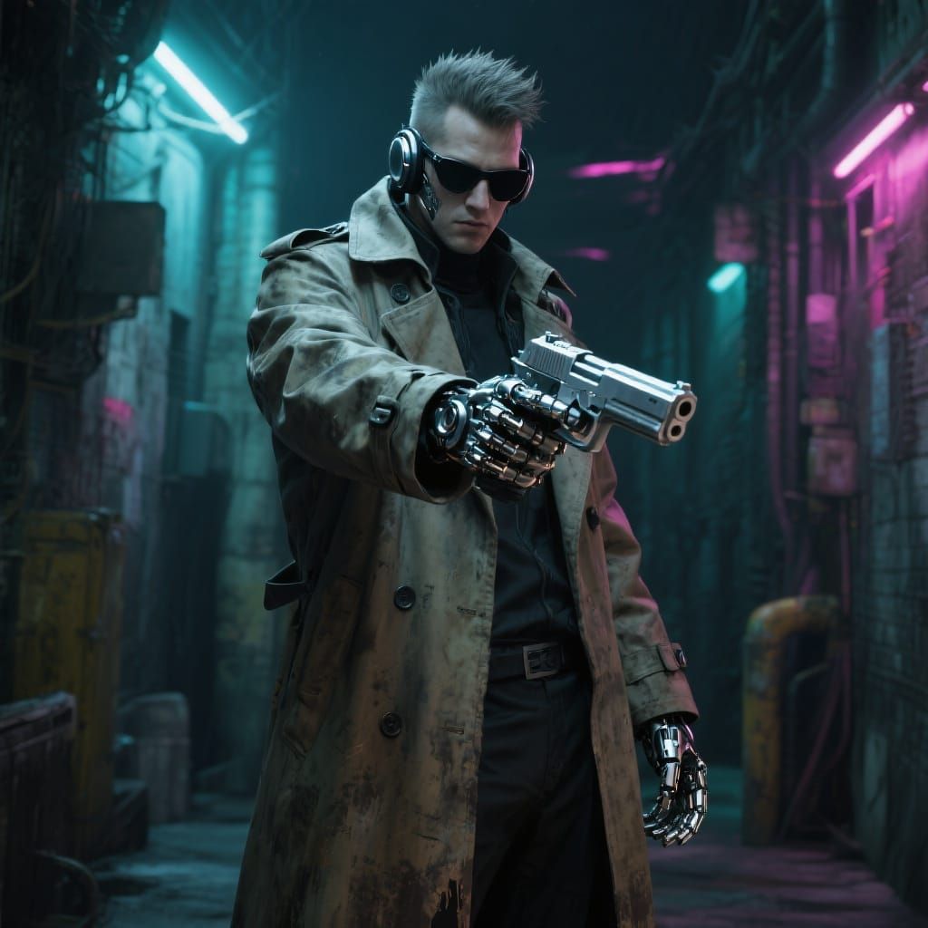 Cyberpunk Man with Cybernetic Implants in Neon Alley