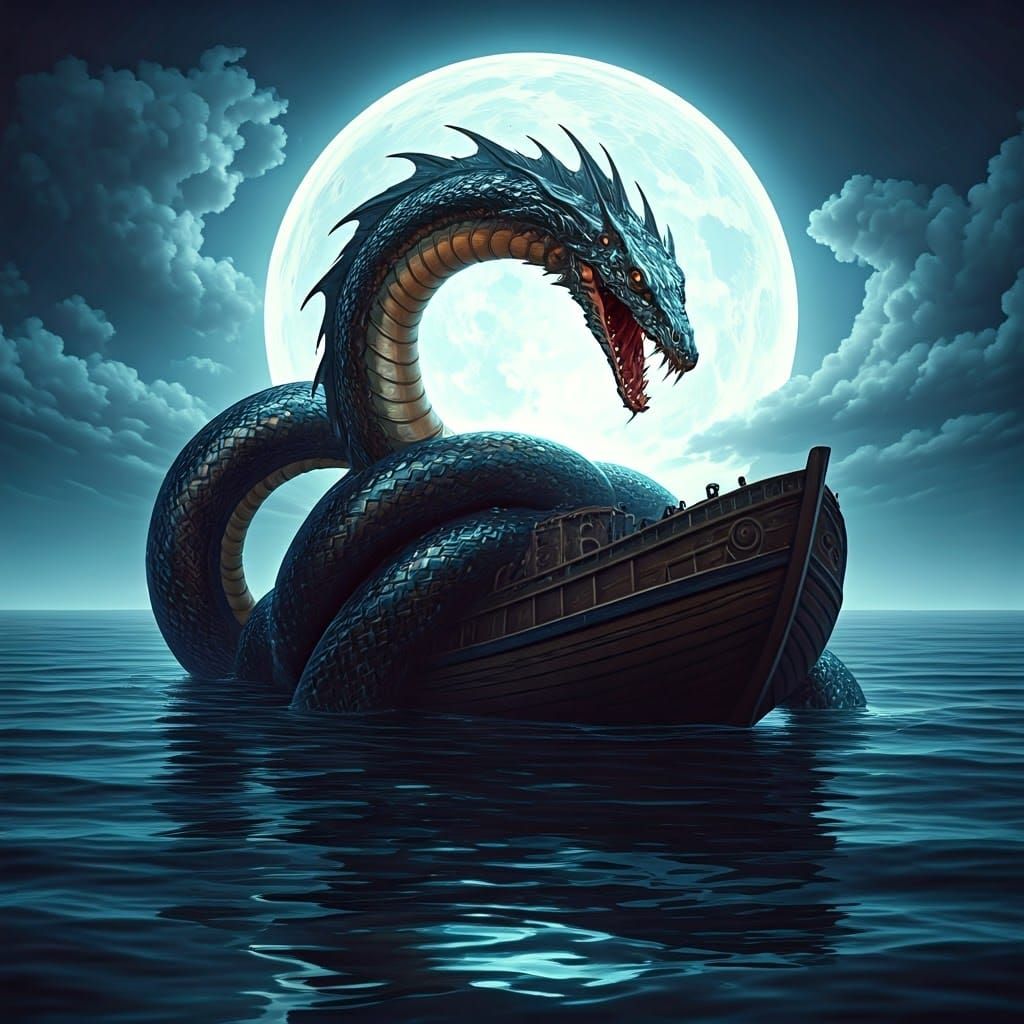Serpentine Sea Creature Grips Vessel Under Moonlight