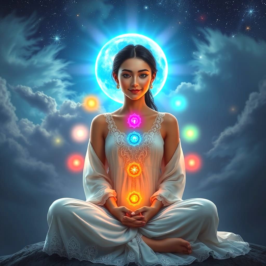 Woman in White Dress with Chakra Display