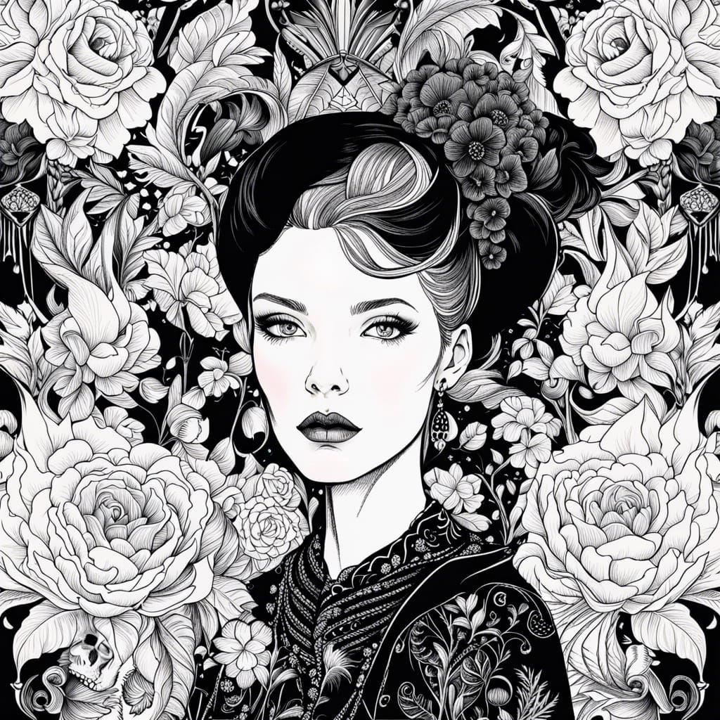 Gothic Girl Portrait in Black and White Ink