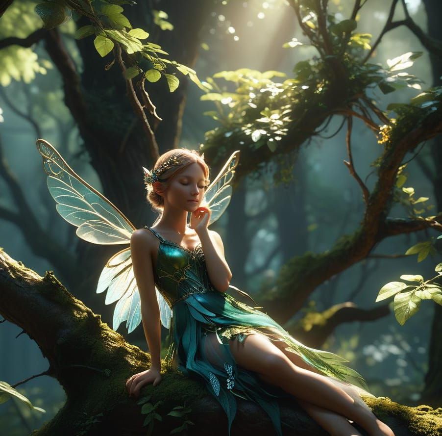 A sleeping magic creature fairy on the tree branch, unreal engine, greg rutkowski, loish, rhads, beeple, makoto shinkai ...
