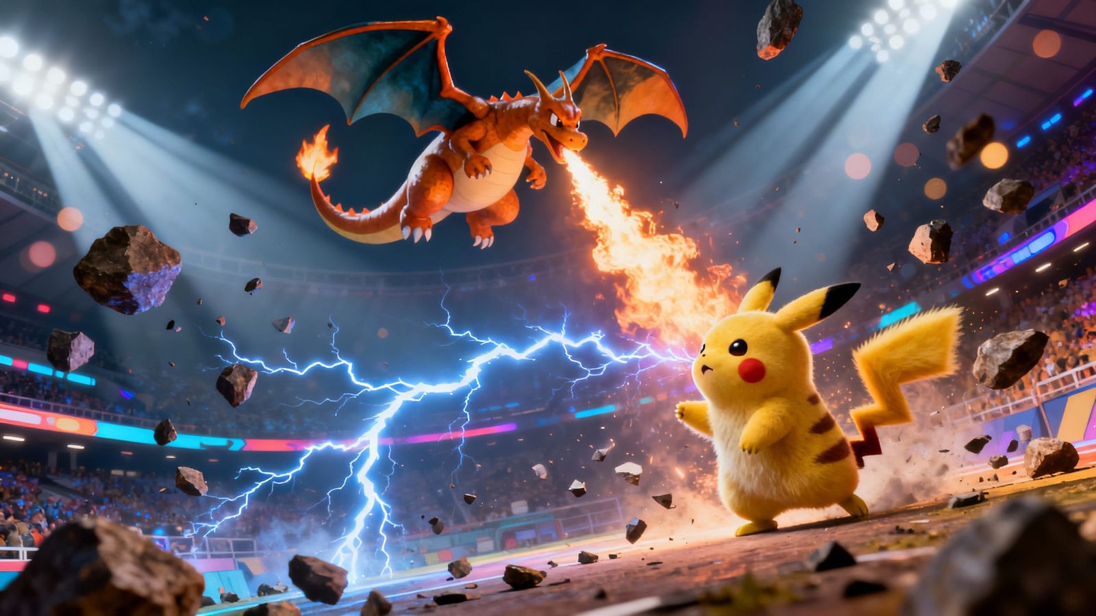 Realistic Pikachu and Charizard Battle in Dynamic Pokémon Ar...