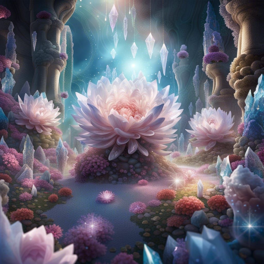 Mystical Crystal Garden with Ethereal Flowers