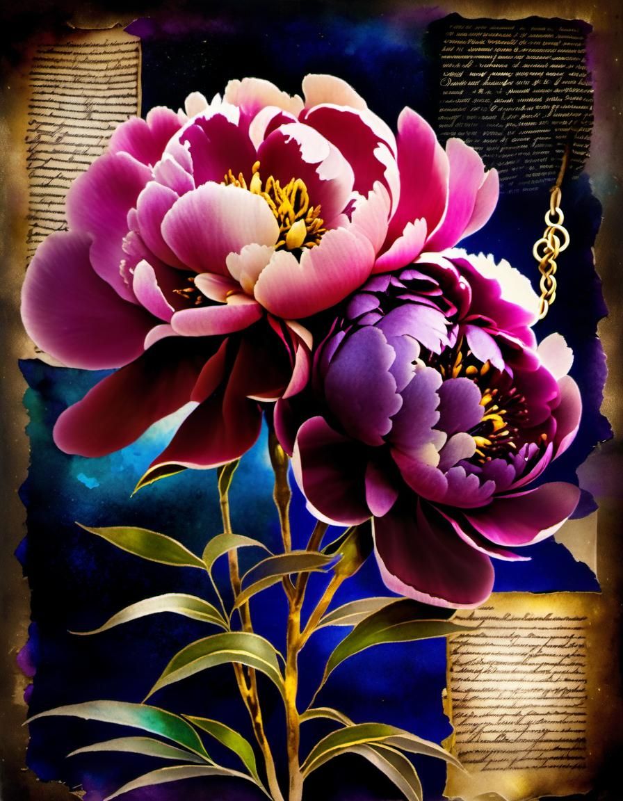 Watercolor Peony Bouquet with Raven and Galactic Dust