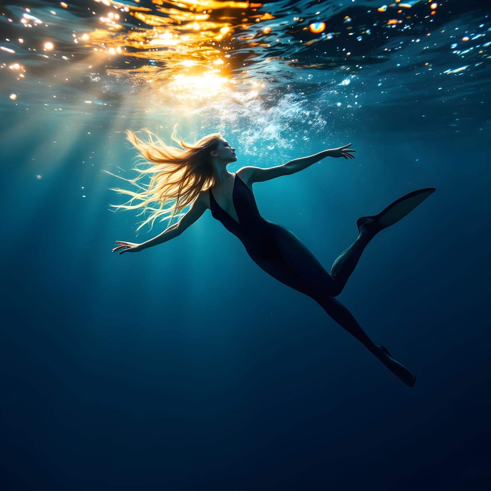 Female Scuba Diver Ascends to Sunlit Ocean Surface