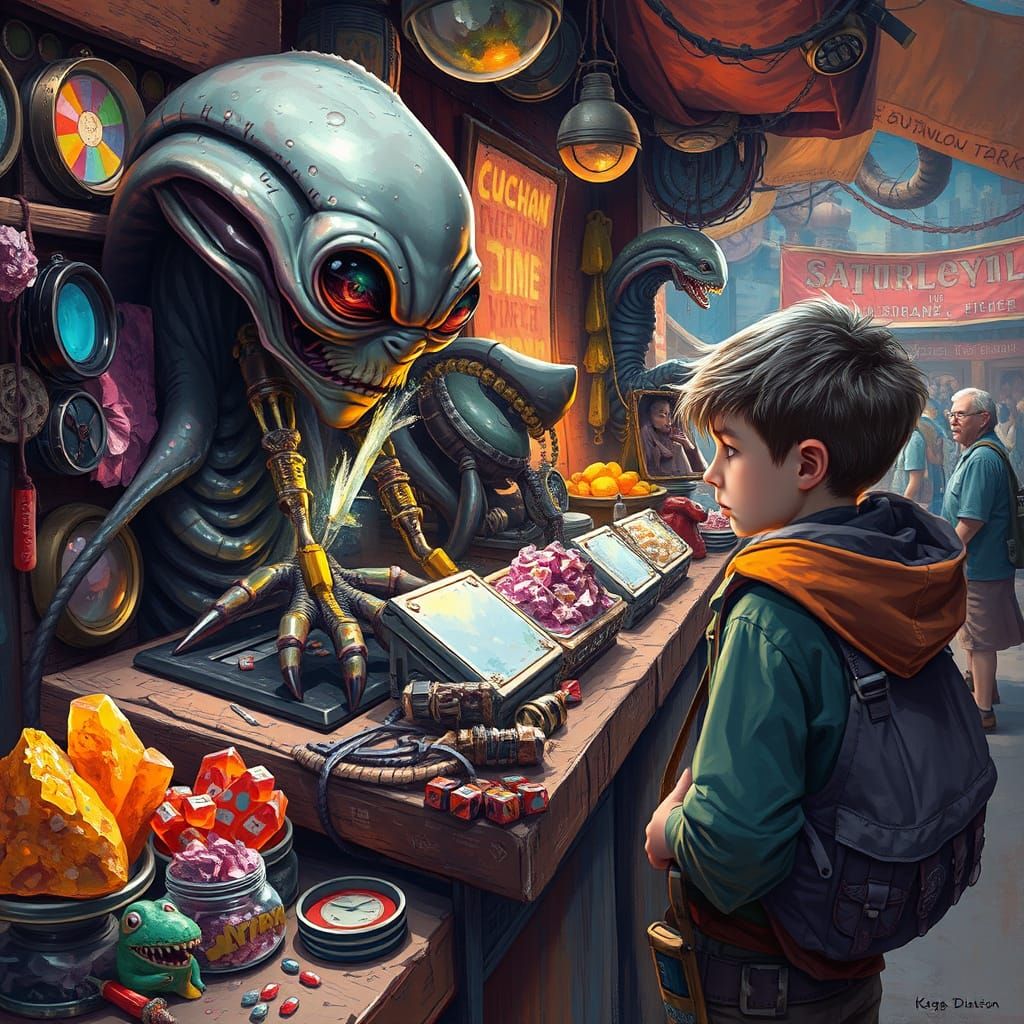 Alien Market with Human Explorer in Candy Art Style