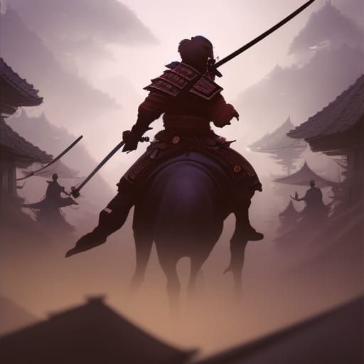 Wandering band of mounted samurai rambling through nightly E...