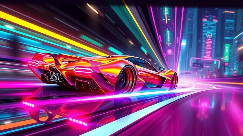 Futuristic Car Speeds Down Neon Highway