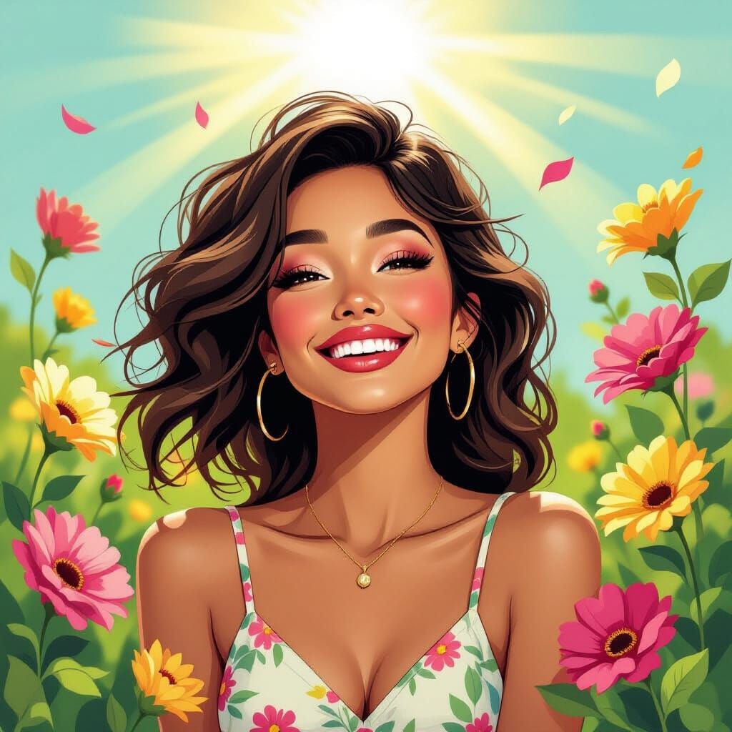 Vibrant Woman Surrounded by Flowers in Whimsical Style