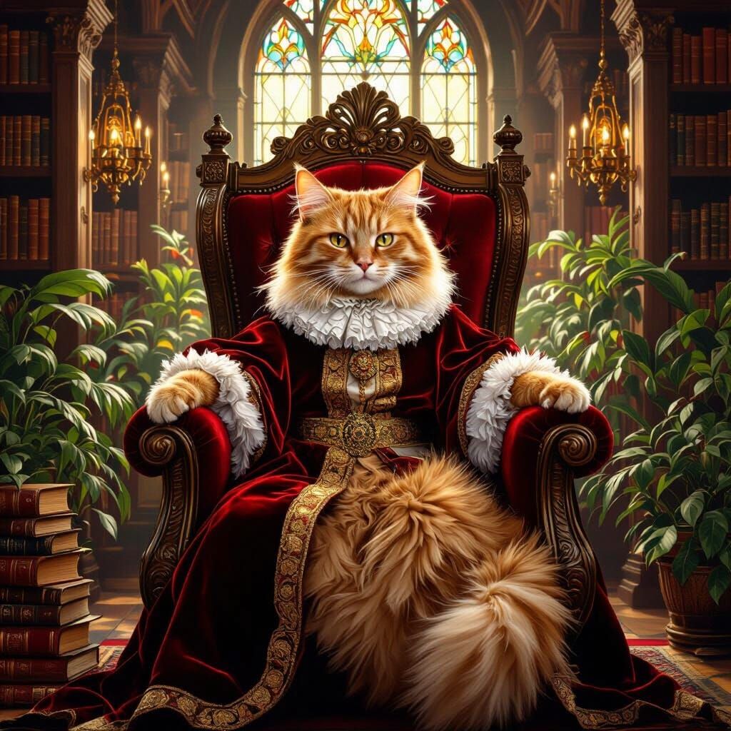 Regal Ginger Cat on Book Throne in Library